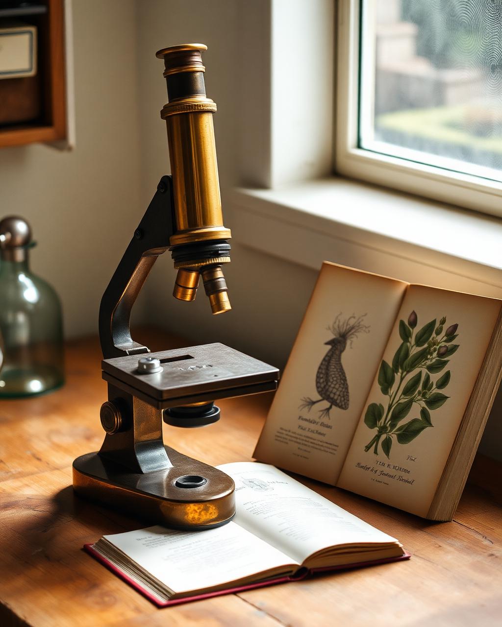 Brass microscope beside an open notebook and botanical illustrations on a wooden desk
