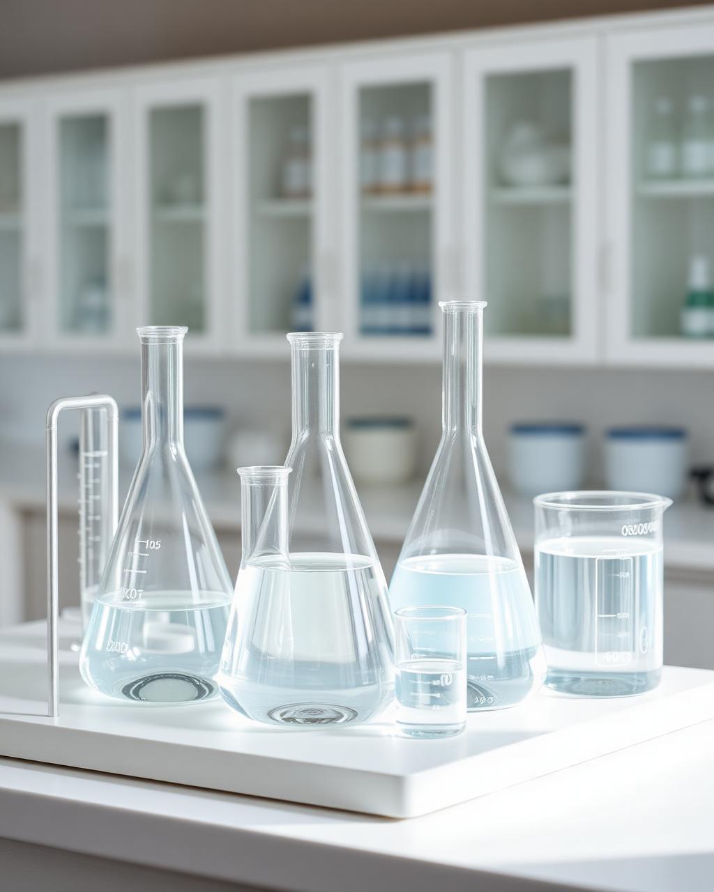 Clear glass flasks, beakers and measuring cylinders on a white laboratory bench