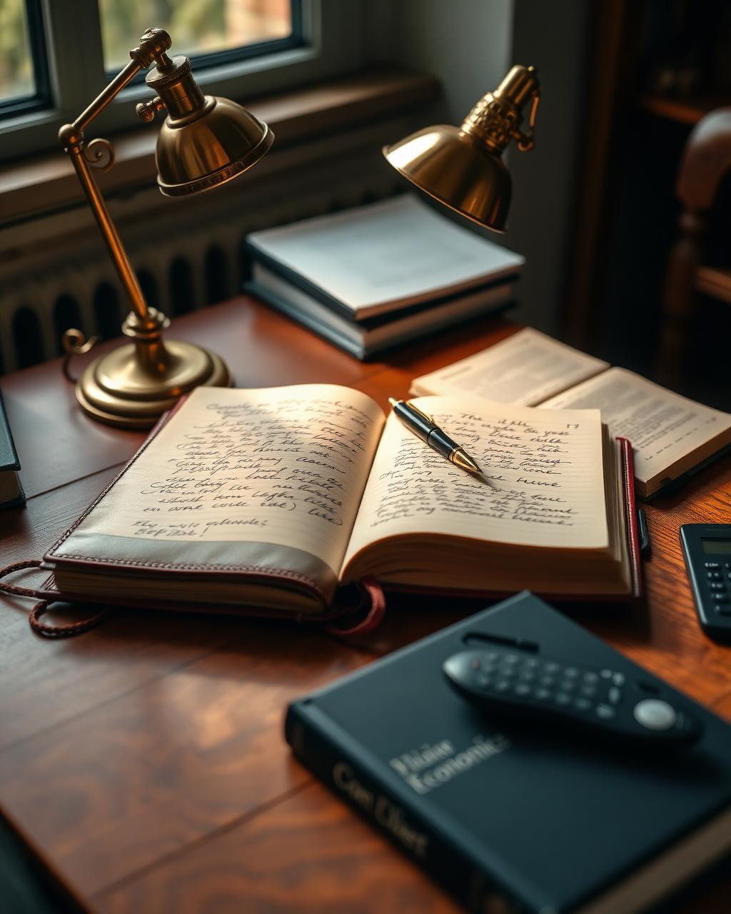 Open textbook with a pencil, calculator and stacked books on a wooden desk beneath brass lamps
