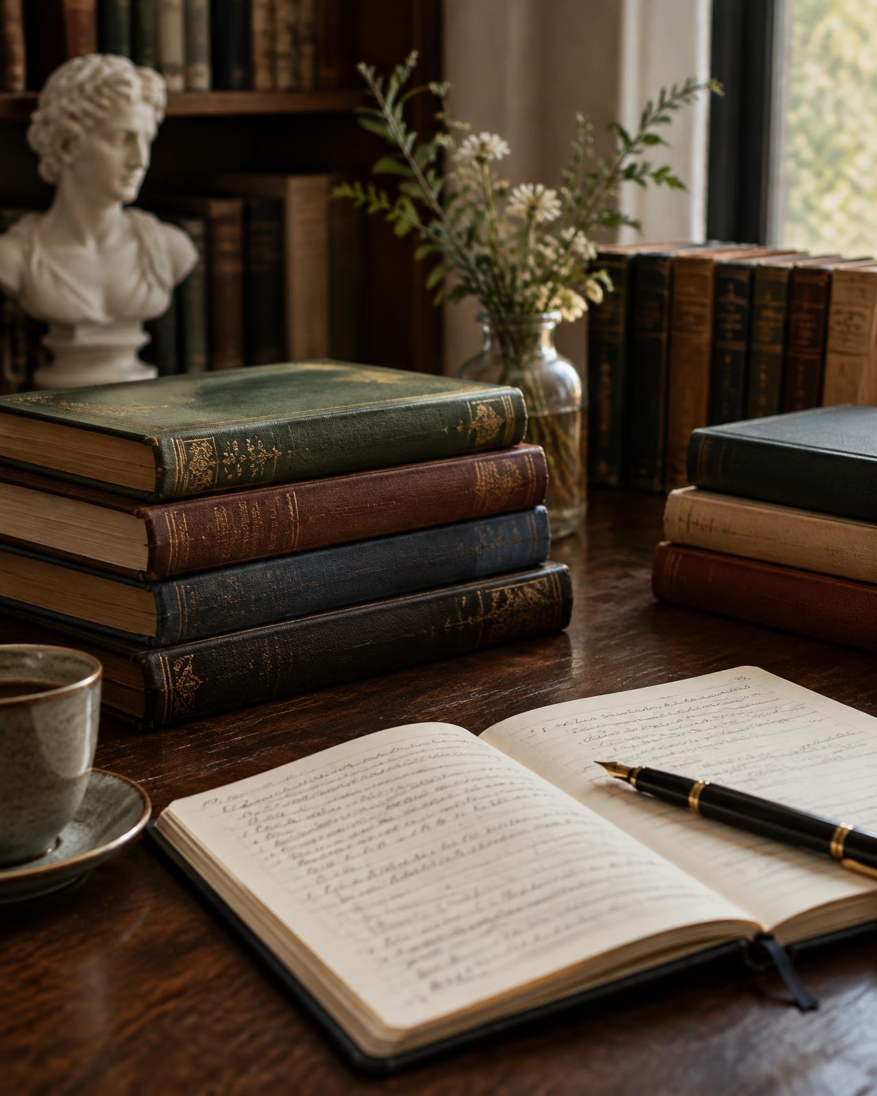 Open book and fountain pen on a wooden desk beside stacked books, a cup and a classical bust
