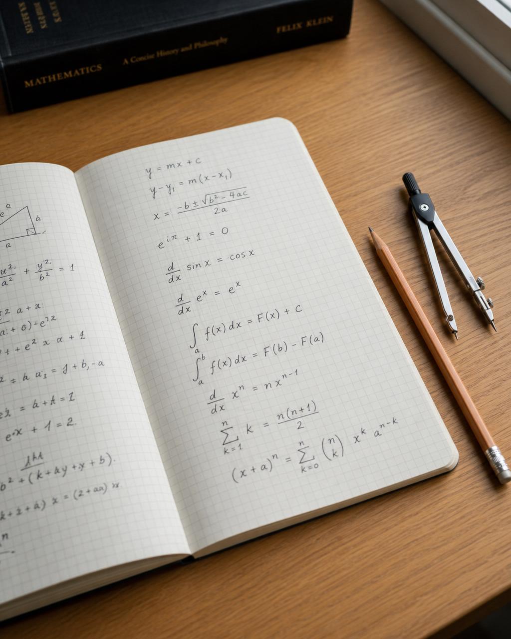 Open notebook of handwritten mathematical equations beside a pen and pencil on a wooden desk