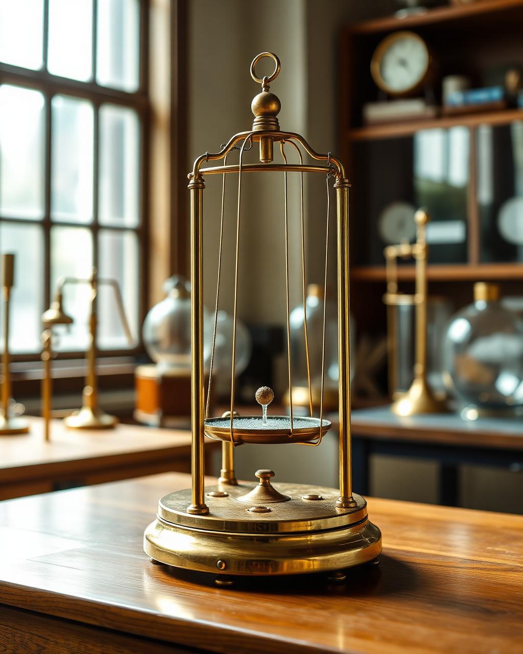 Brass scientific apparatus inside a glass bell jar on a wooden laboratory table
